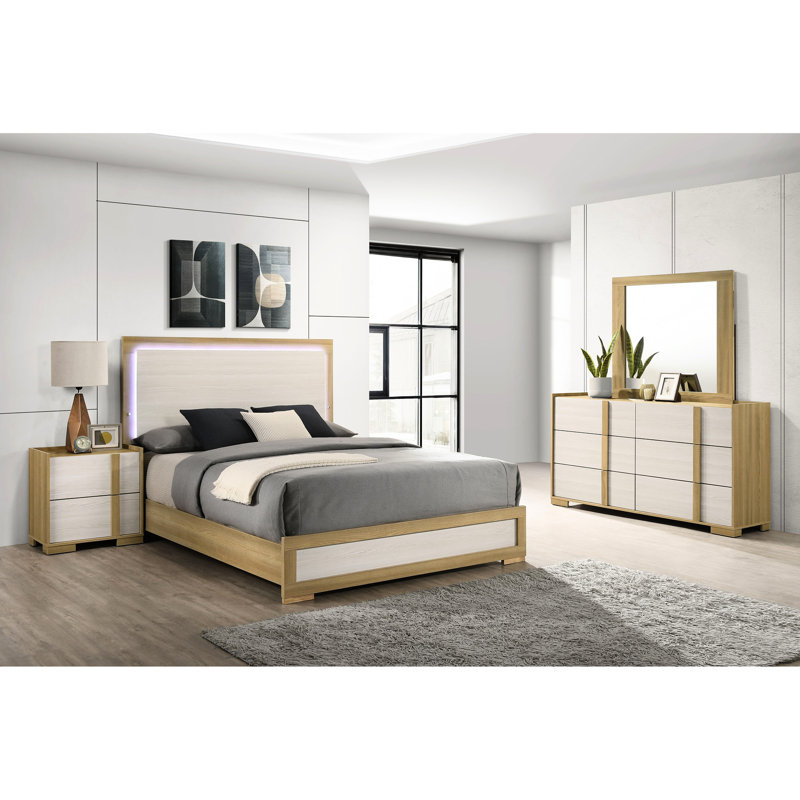 Grand lit 4 pièces avec éclairage encastré, cadre de lit en bois d'hévéa naturel, table de chevet, commode et miroir
