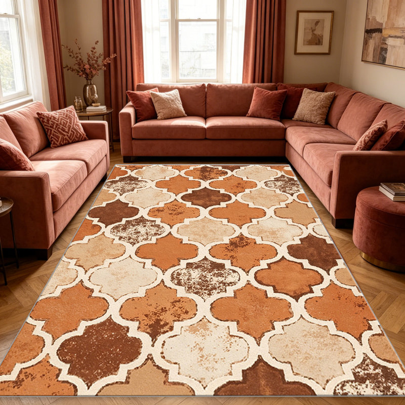 Distressed Trellis Terracotta carpet-easy to clean, machine-washable, soft and comfortable; suitable for door mats, kitchens, living rooms, bedrooms, corridors, and laundry areas. Easy to clean, durable carpet for home decoration.
