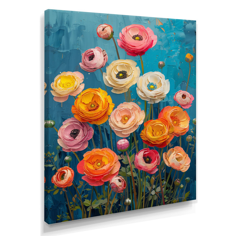 Rose, orange, vibrations vibrantes - Renoncule - Art mural, H 20 po x l 12 po x P 1 po, Toile tendue