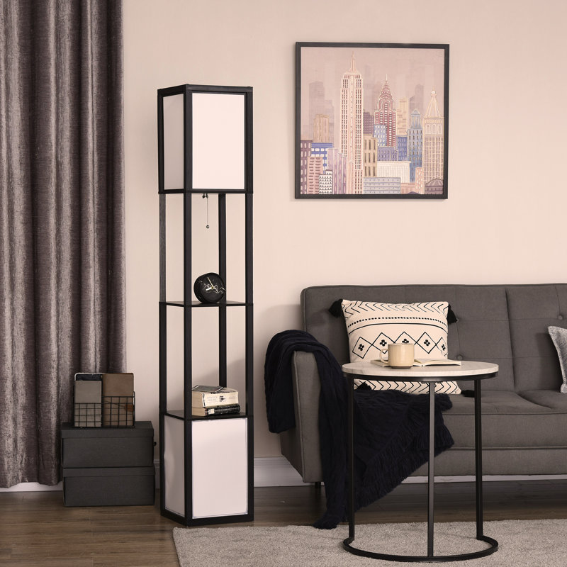Modern Floor Lamp with Shelves & Dual Ambient Lighting, Tall Standing Lamp for Living Room, Bedroom with Fabric Lampshade (Bulb not Included), Black