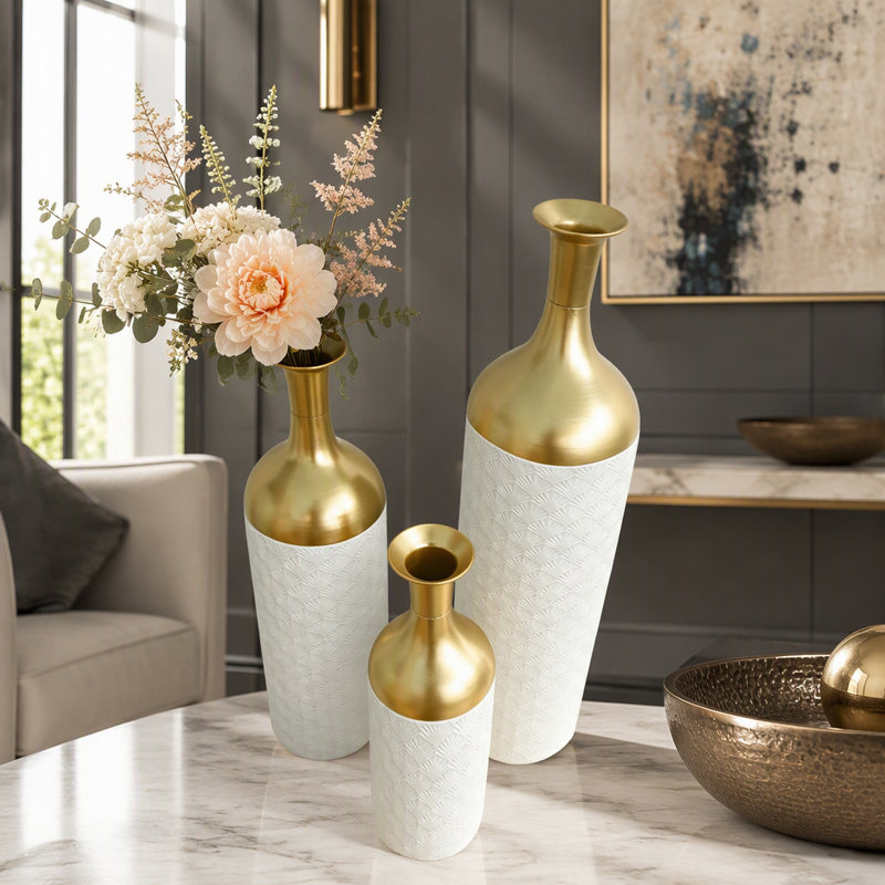 Ensemble de 3 vases décoratifs en métal, motif de feuilles, grands vases cylindriques artisanaux pour salon ou entrée