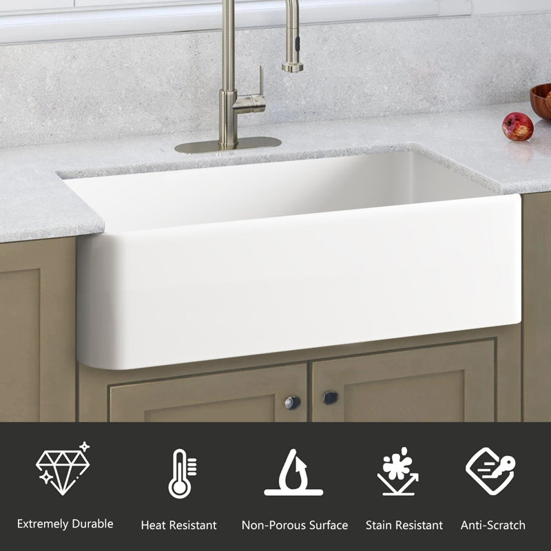Farmhouse Single Basin Kitchen Sink, White, 10" H x 36" L x 18"