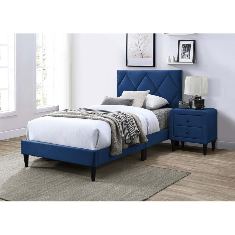 Lit avec tête de lit ajustable, lit tapissier, Lit simple, Bleu marine