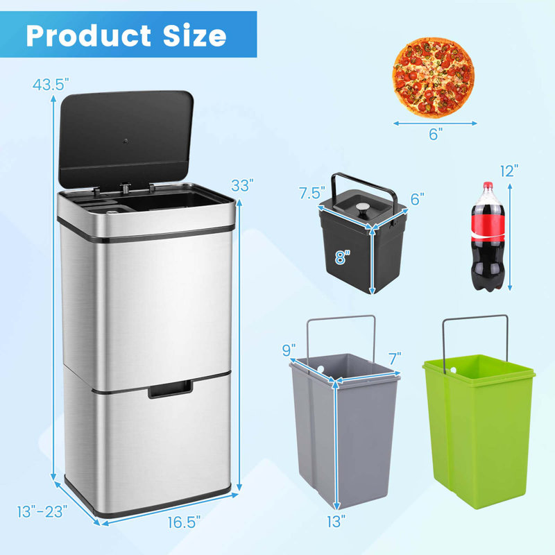 Costway 19 Gal Kitchen Trash Can With Soft Closing Lid & Stay-open Design Inner Buckets Silver
