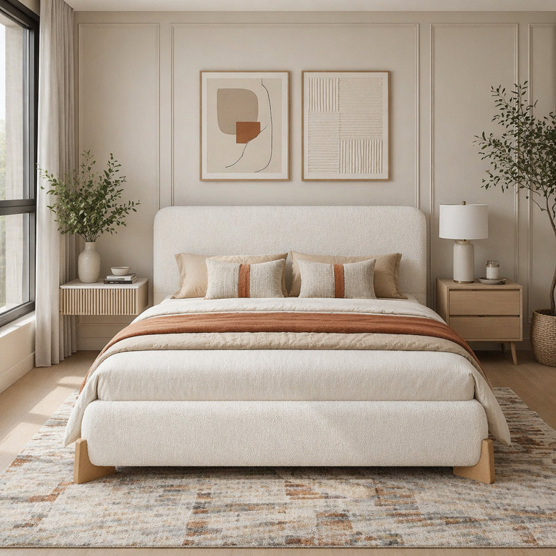 Lit tapissier, Full, White+Polyester