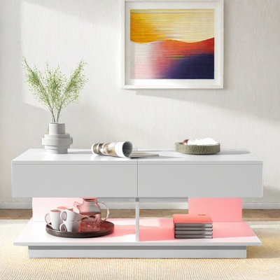 Table basse extensible avec plusieurs compartiments de rangement, bande à DEL de 16 couleurs et base robuste