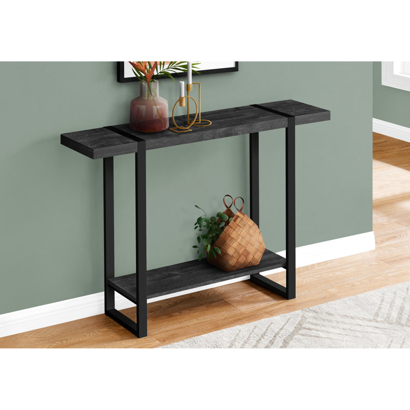 Table d'appoint rectangulaire pour chambre à coucher - Finition d'aspect bois récupéré noir, tablette fixe, console de salon et d'entrée moderne en métal, plateau de table large avec design