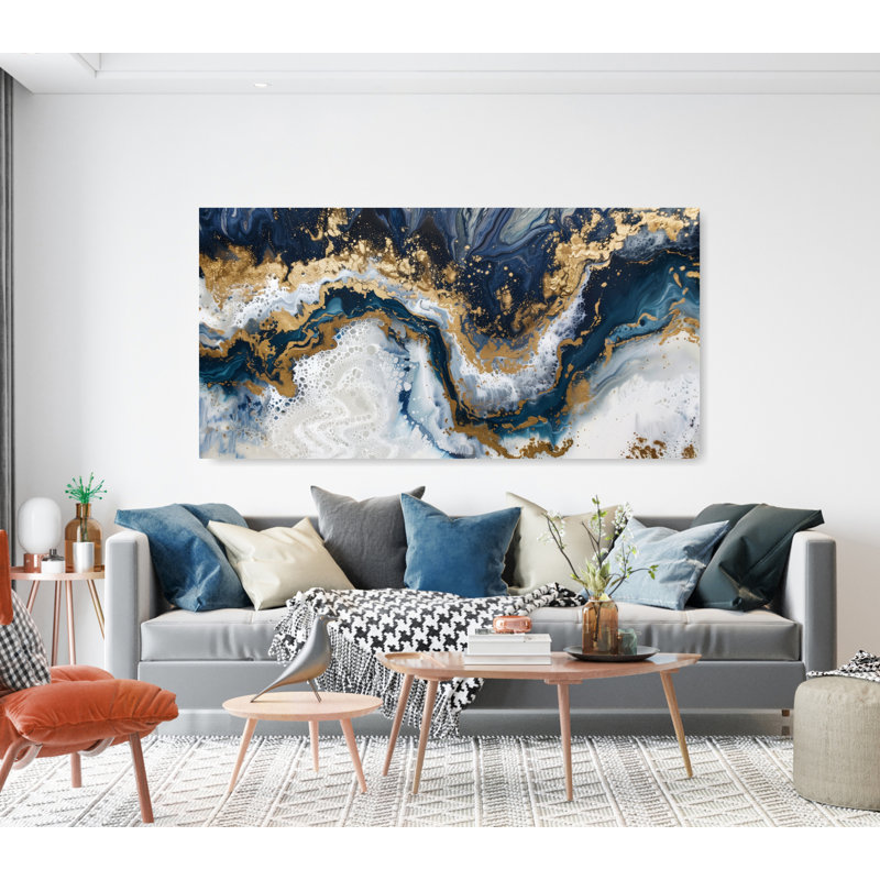 Abstract Geode Wall Art Print or Canvas Gold And Blue Marble Shape, Wrapped Canvas, 30'' H x 60'' W x 1.5'' D