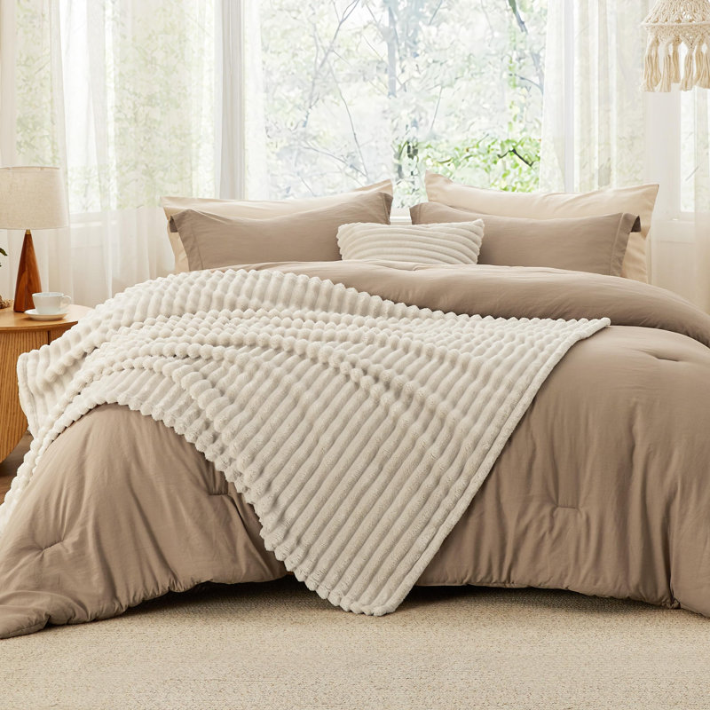 Bedsure All Season Boho Comforter Set With Throw Blanket And Decorative Pillow, Queen Comforter + 4 Additional Pieces, Khaki
