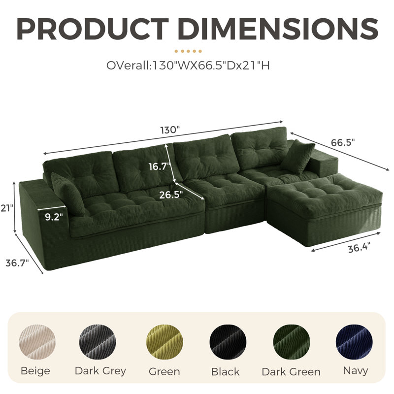 Canapé modulaire en velours côtelé Boneless, canapé modulaire 4-en-1, Vert foncé, H 22 po x l 130 po x P 37,75 po