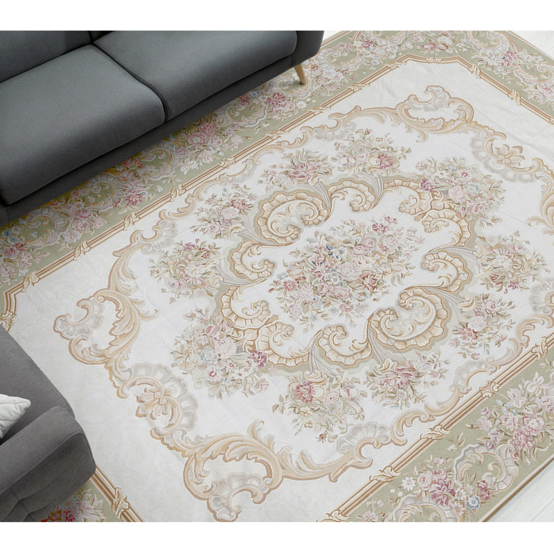 Hand-Knotted High-Quality Ivory and Green Area Rug