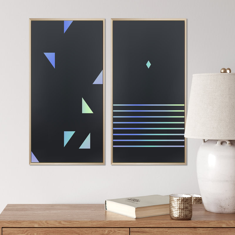 Ensemble de 2 peintures japonaises à motif géométrique rétro - 2 pièces, H 20 po x l 24 po x P 1 po, Toile avec cadre brun