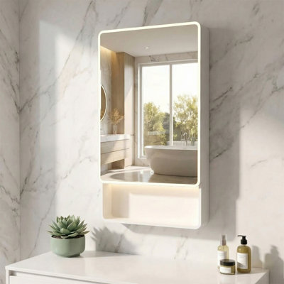 Wall Mounted LED Smart Bathroom Mirror Cabinet with Anti-Fog & Warm Light, Door Hooks & Storage Pockets, Bottom Open Shelf, Multi-Layer Storage