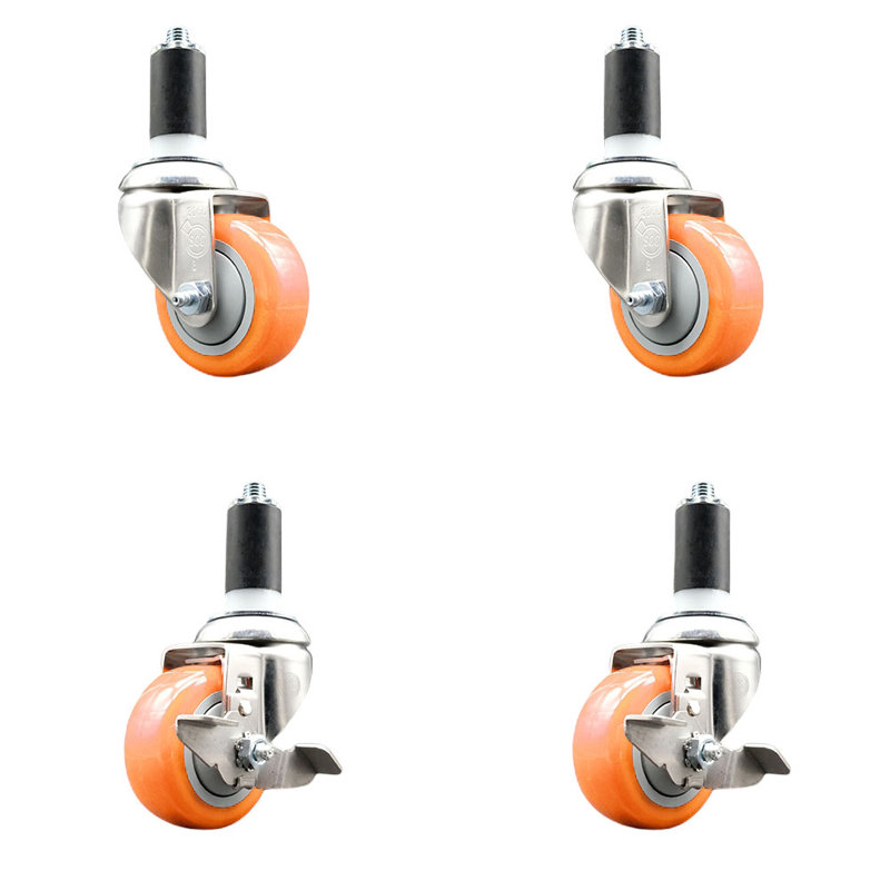 Ensemble de roulettes extensibles en polyéthylène pivotant de 3 pouces et 1 3/8 pouce à 3 freins SCC, Orange
