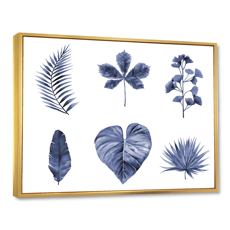 Ensemble de feuilles de plantes - reproduction sur toile avec cadre flottant, H 30 po x l 40 po x 1,5 po, Encadrement doré