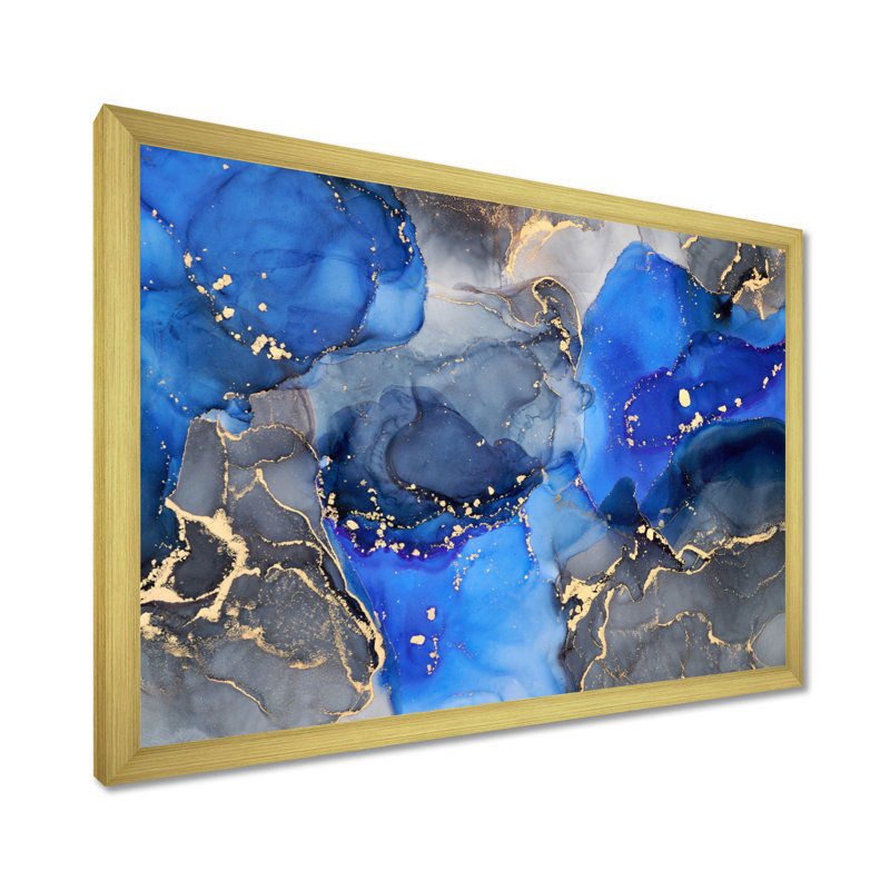 «Blue and Black Luxury Abstract Fluid Art I», reproduction d'art sur toile, H 30 po x l 40 po, Impression encadrée, Doré