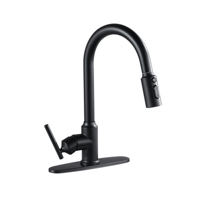 Modern High Arc Single Handle Pull-down Sprayer Kitchen Faucet With Deckplate And Supply Lines In Matte Black