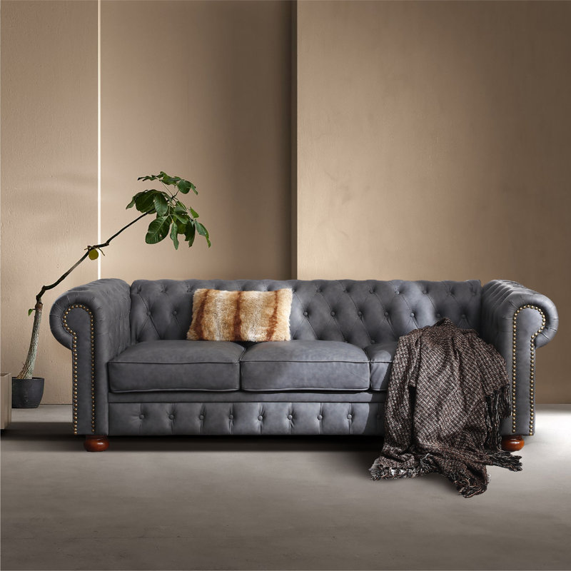 Navas 88.5" Vegan Leather Chesterfield Sofa, Faux Leather Gray