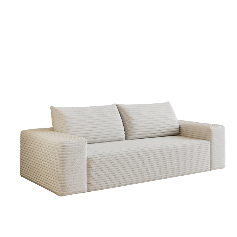 Canapé rembourré en velours côtelé à assise profonde et accoudoirs larges Zain, H 25,22 po x l 71 po x P 35,46 po, Blanc