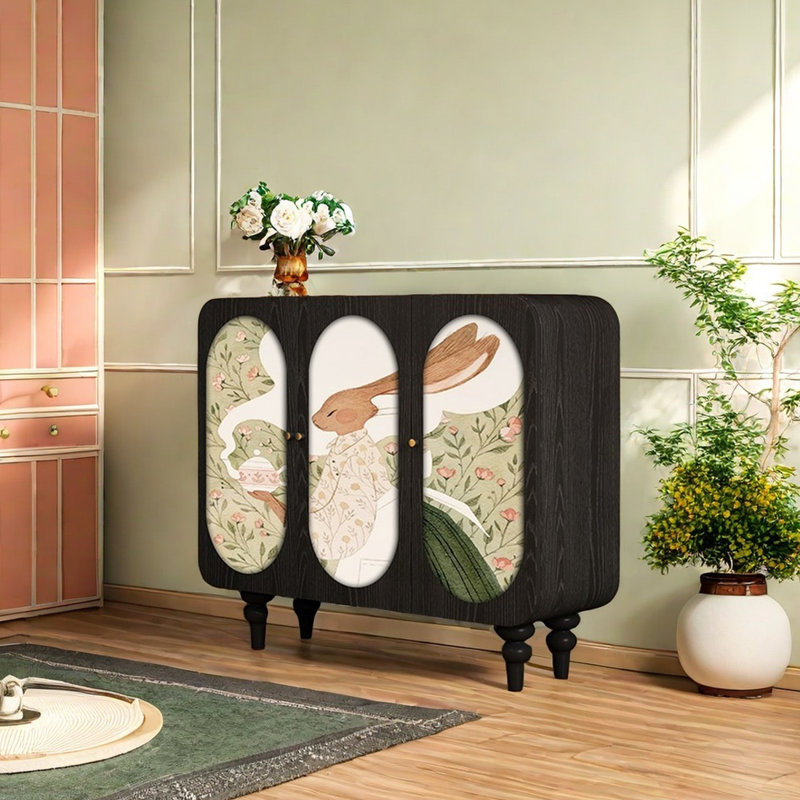 Buffet en bois massif avec motif de lapin artistique, Noir, noir, noir, noir
