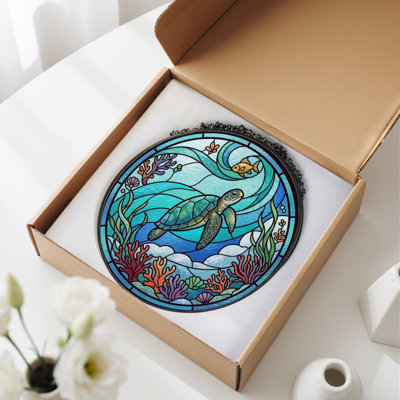 Sea Turtle Stained Glass Window Panel，12"H