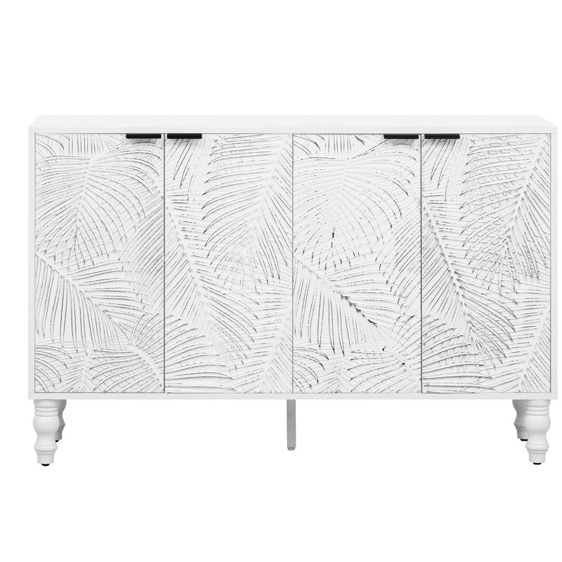 Console de salon moderne, 47,2 po blanc, 2 armoires, tablettes réglables, pieds en bois massif, centre de divertissement, support