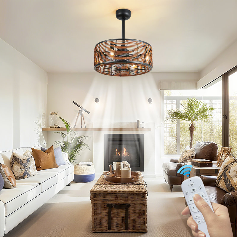 18" industrial rattan cage ceiling fan with light & remote - farmhouse style, brown finish