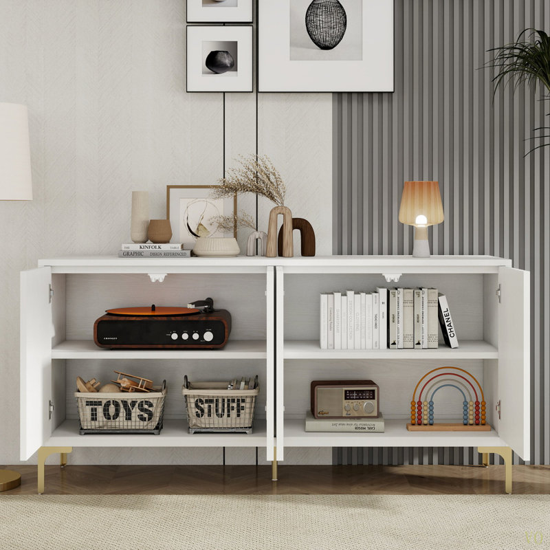 Armoire de rangement multifonctionnelle, buffet à quatre portes avec texture unique, tablettes réglables, idéale pour le bureau, le vestibule et le salon