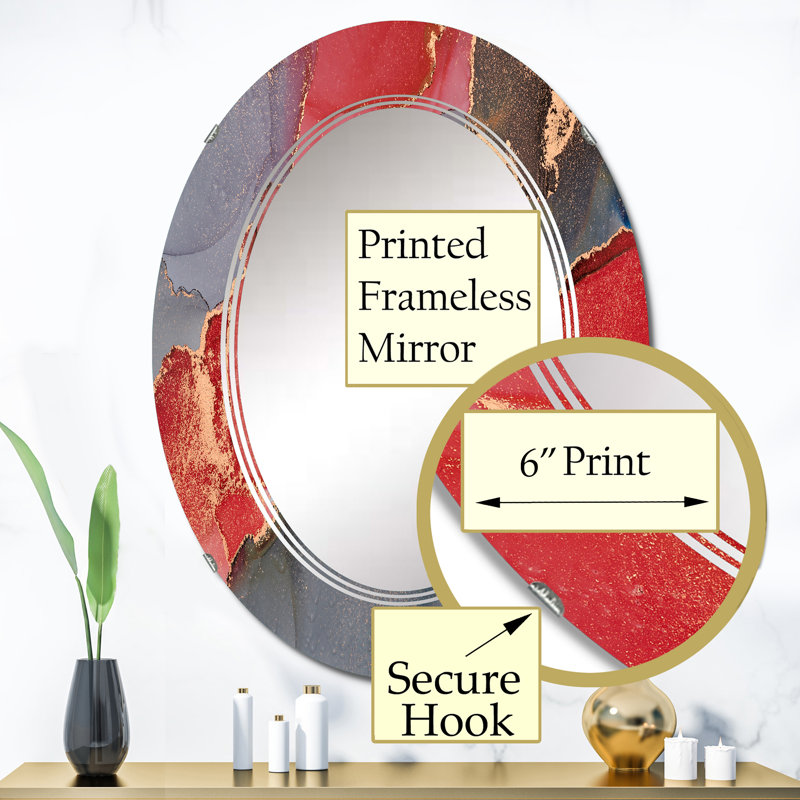 Gris et rouge, art abstrait fluide de luxe - miroir mural moderne ovale, 36 po x 24 po