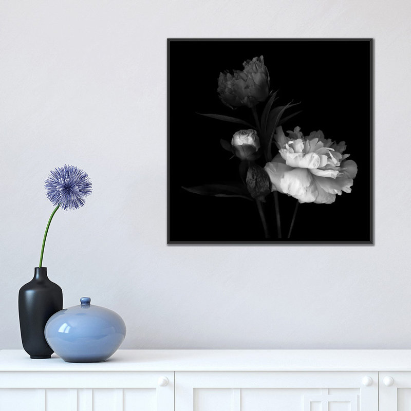 «Peony Mix, B&W» par Magda Indigo, impression sur toile, H 18 po x l 18 po x P 1,5 po, Toile encadrée noire, Pas de tapis