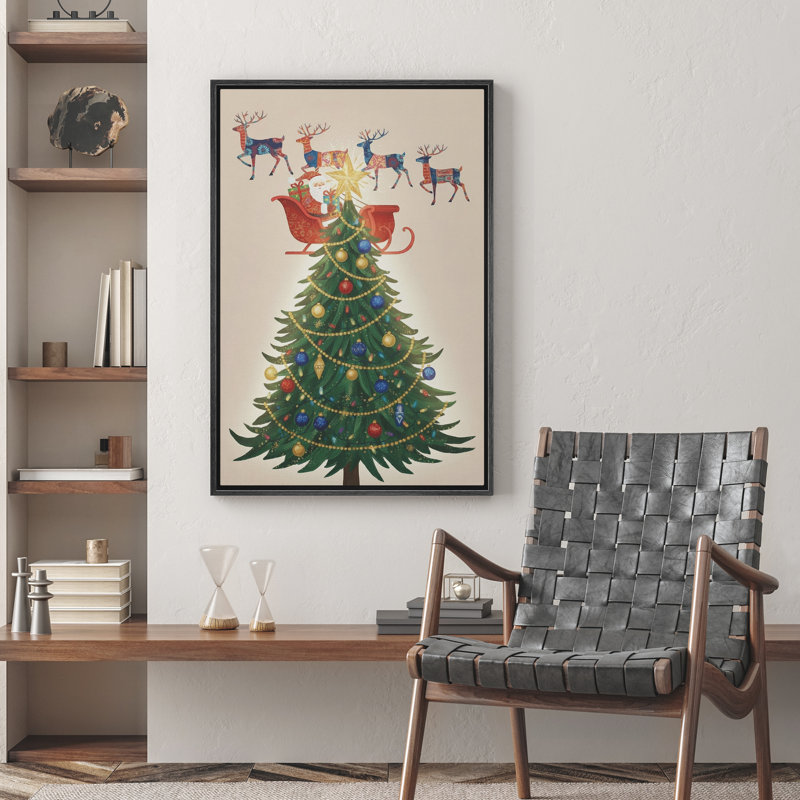 Arbre de Noël festif avec traîneau du Père Noël et renne, reproduction d'art sur toile encadrée dans la chambre principale