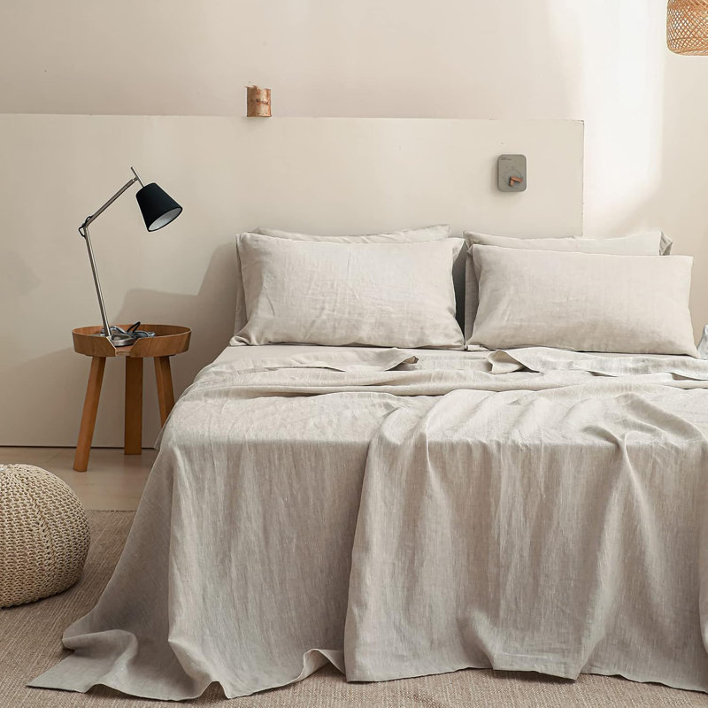 Ensemble de draps 100% lin, 6 pièces de draps en lin naturel français, Grand 1 drap plat 1 drap-housse 4 taies d'oreiller