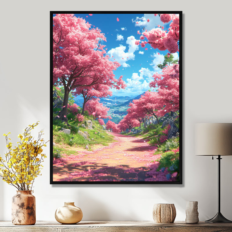 «Country Road», fleurs de cerisier roses - salon d'art mural campagne, Toile avec cadre flottant noir