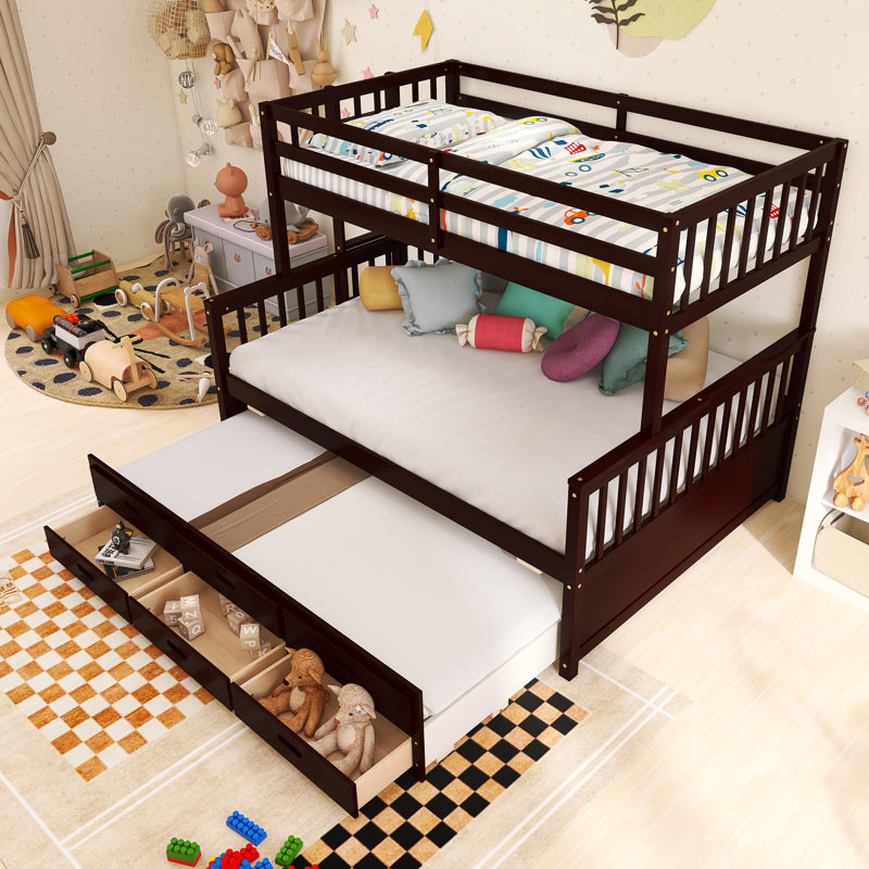 Wood Frame Twin Over Full Size Separable Bunk Bed With Drawers And Twin Size Trundle, Espresso