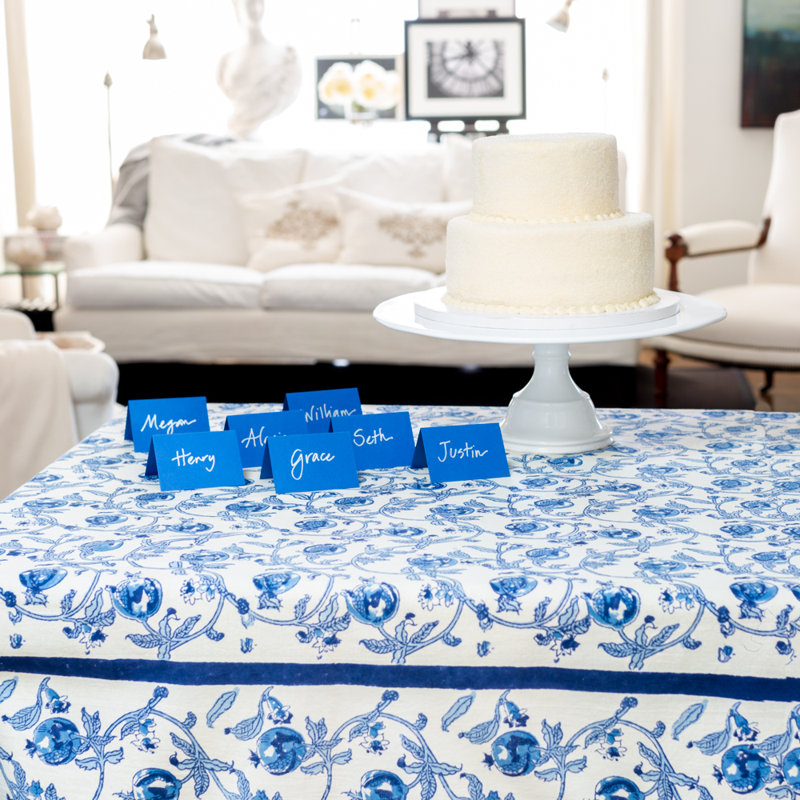 Granada Cornflower Blue Handmade Floral Tablecloth, 59" Square, Blue