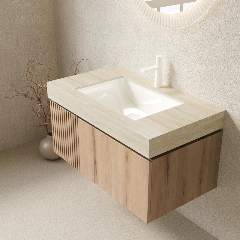 Valenza Modern Bathroom Vanity with Travertine-Pattern Sintered Stone Countertop and Ceramic Basin, White Oak