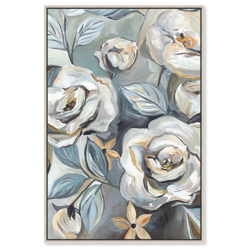 «Grey Delight», art floral élégant par Art Remedy, H 16 po x l 11 po, Cadre flottant, Argent argent