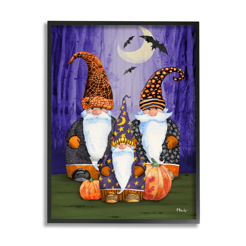 Trois gnomes d'Halloween par Paul Brent, H 14 po x l 11 po x P 1,5 po, Giclée encadrée noir minuit