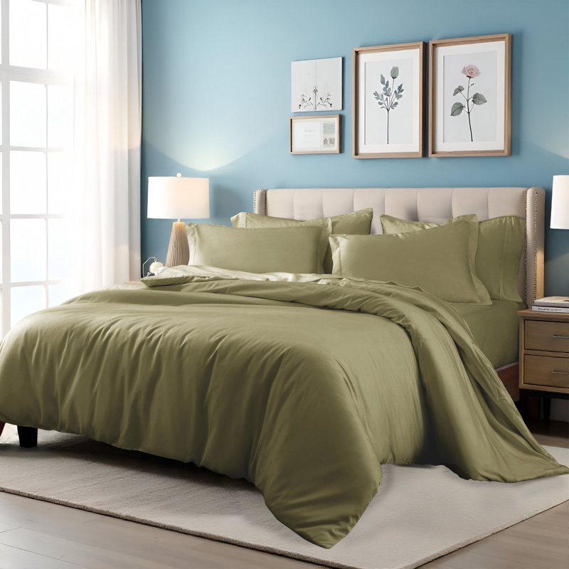 Ensemble de housse de couette de luxe en coton égyptien à densité de tissage 400 fils avec taies décoratives, Sauge