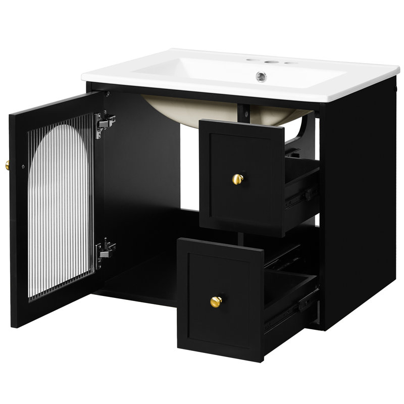 Meuble-lavabo de 24 po pour les petites salles de bain, installation murale, lavabo en céramique, tiroirs organisés, assemblage simple, look, armoire à déversement avec rangement pour porte vitrée, 2 profondeurs rapides