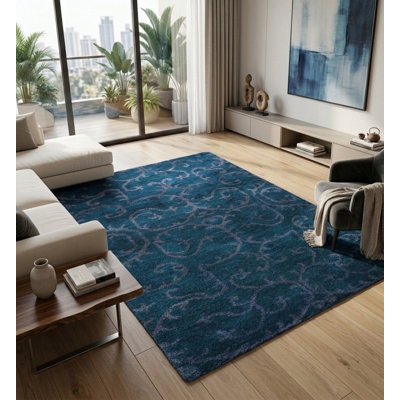 Premium Quality Contemporary Hand Knotted Silk Blue | Beige Rectangle Indoor Area Rug