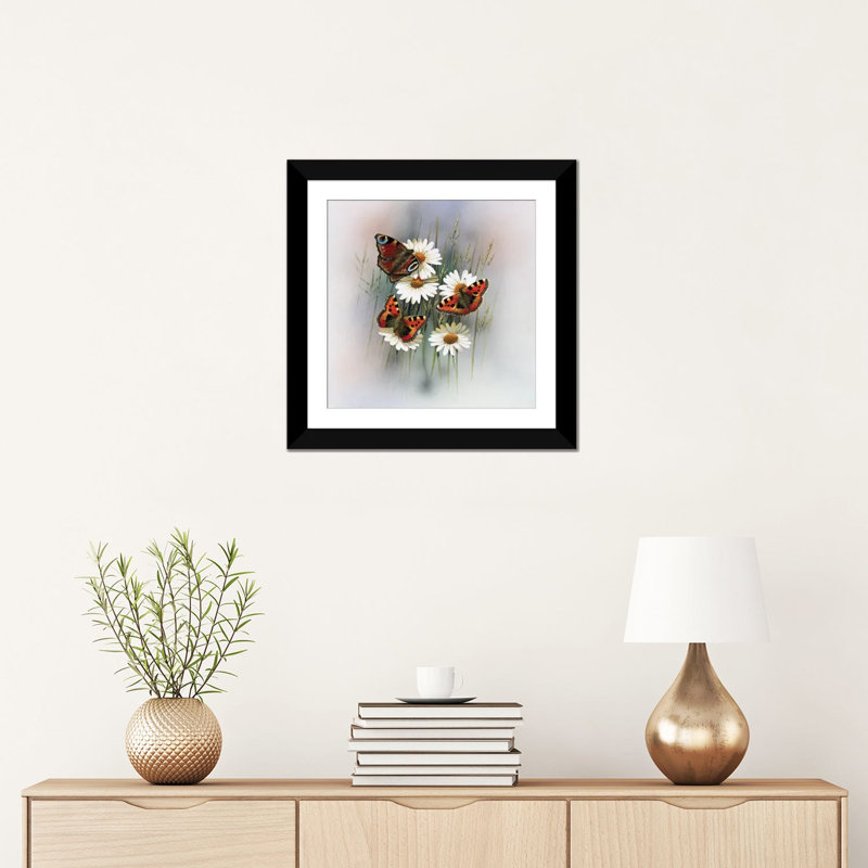 «Butterflies», impression sur toile, H 24 po x l 24 po x P 1 po, Papier d'art encadré noir, Blanc