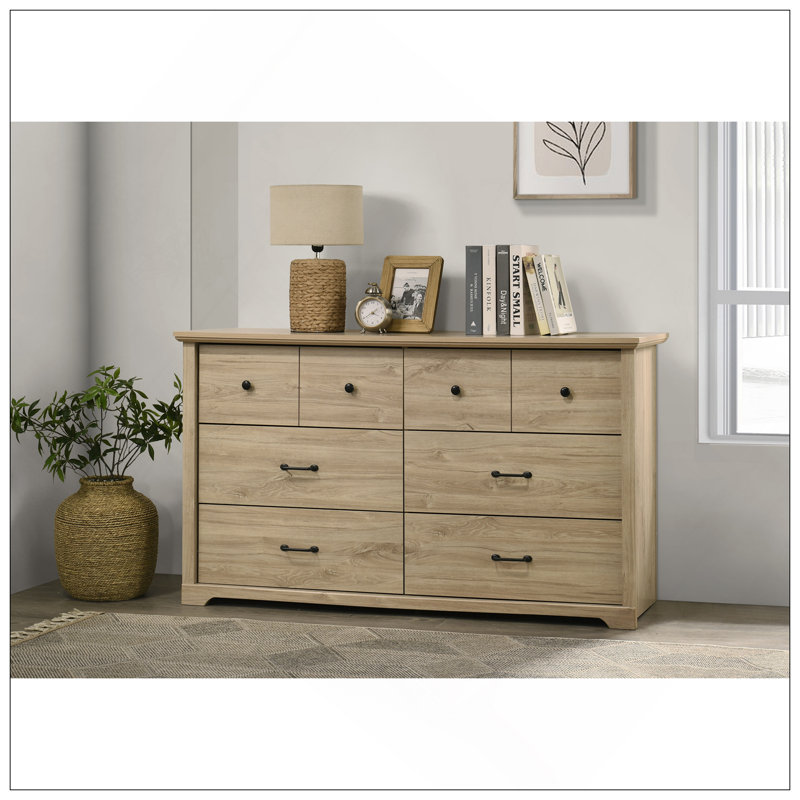 Commode 6 tiroirs avec poignées noires Elara, Chêne clair