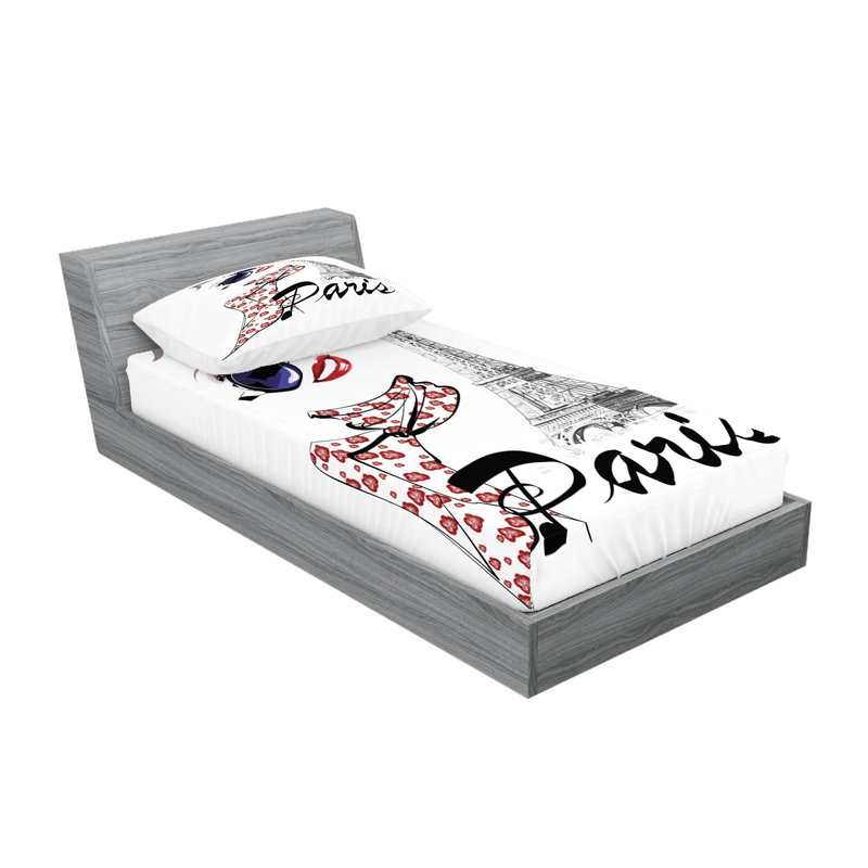 Drap-housse et coussin décoratif Ambesonne Paris, bleu foncé, blanc, Ensemble de draps pour lit simple + 5 pièces supp
