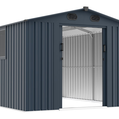 8X10 FT Outdoor Storage Shed, Large Metal Tool Sheds With Window And Lockable Doors, Garden Shed For Backyard Garden Patio Lawn, Dark Grey