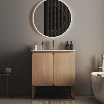 Meuble-lavabo en chêne avec lavabo en céramique - Rangement intérieur spacieux, apparence moderne en bois de 30 po, capacité de rangement abondante, fermeture silencieuse