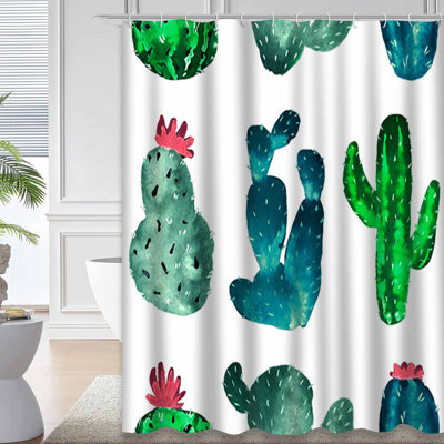 Watercolor Cactus Succulent White Natural Botanical Fabric Alpaca America Shower Curtain with 12 Hooks