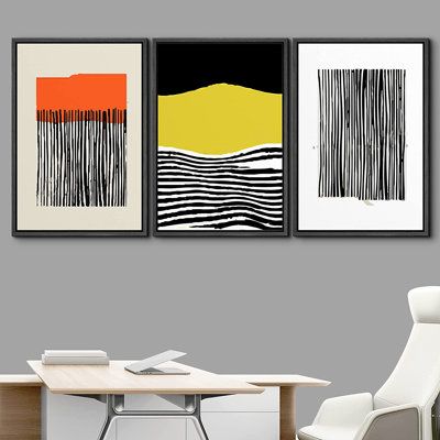 Abstract Vibrant Color Blocks Black/Yellow Line Art Abstract Boho Framed Canvas 3 Pieces Print Wall Art