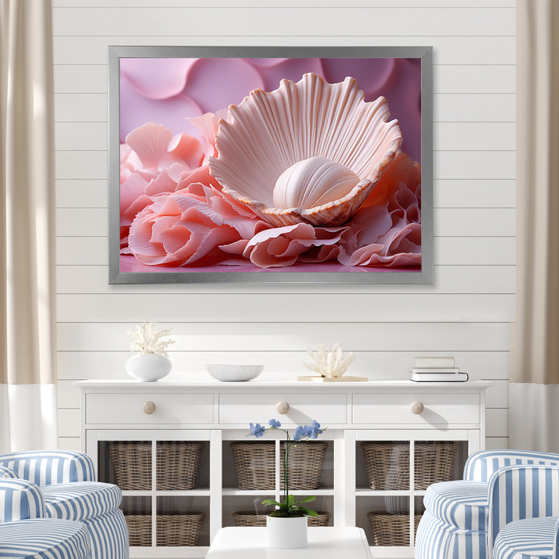 Romantisme, coquillages II sur toile, H 24 po x l 32 po x P 1 po, Cadre simple argenté