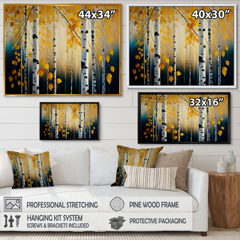 Into A Golden Birch Forest I - Paysage, art mural sur toile, H 12 po x l 20 po x P 1 po, Cadre d'angle fermé noir